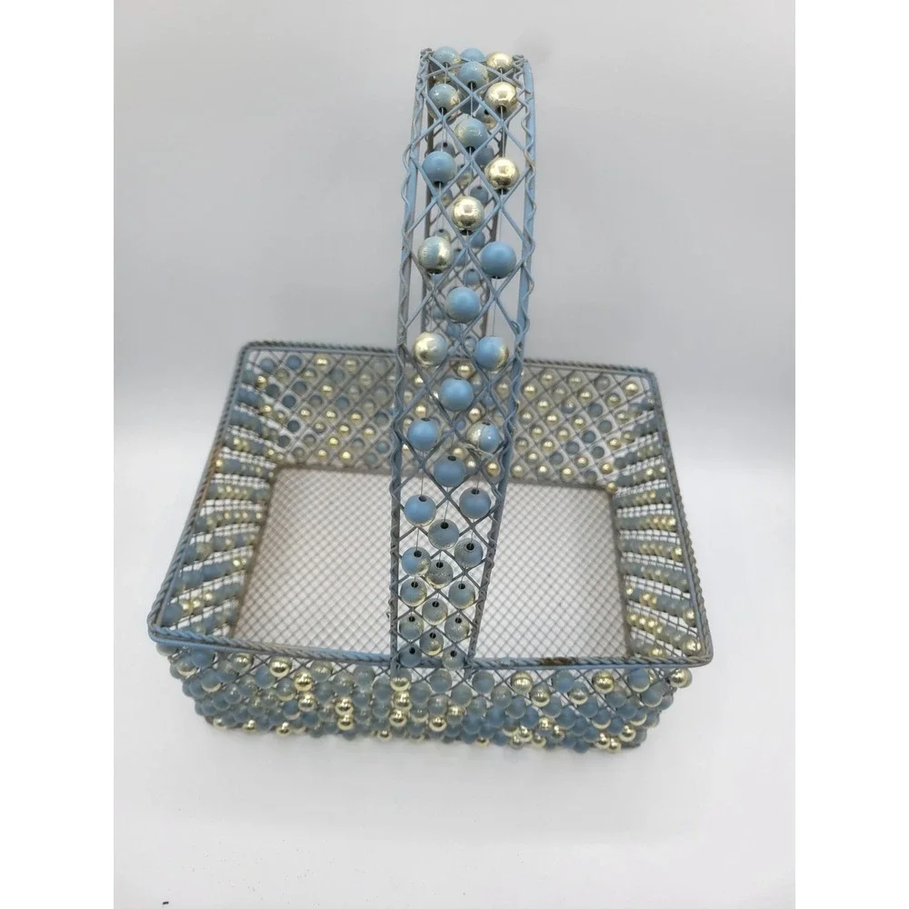 Vintage Beaded Wire Mesh Basket Set 2pc Blue Gold Cottagecore Decorative Storage